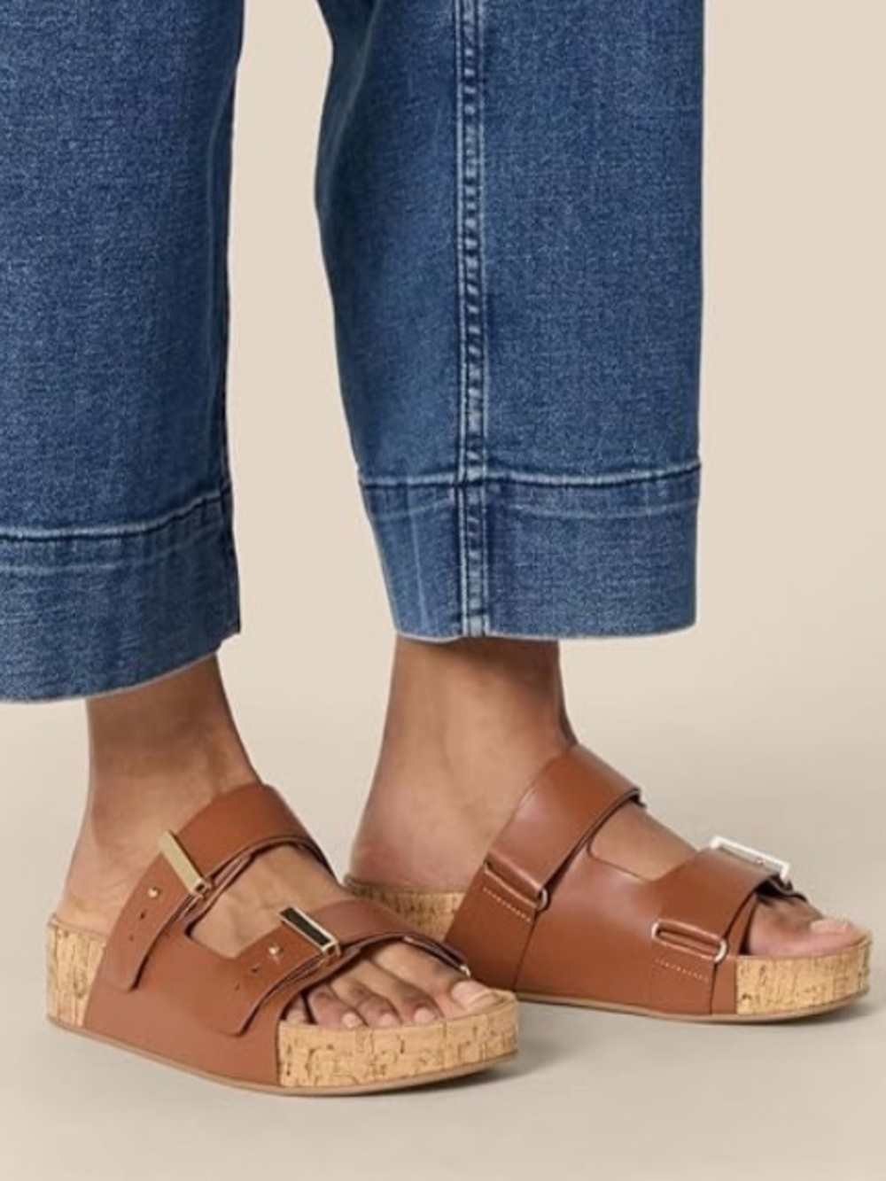 Amazon Essentials Brwn Vegan Leather Cork Slide Sandals w/ Gld Buckles Sz 7 NWOB